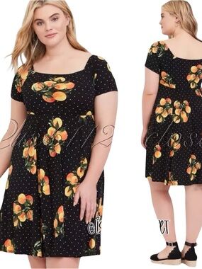 torrid Black Mini Dress with Yellow-Orange Fruit Print 2X